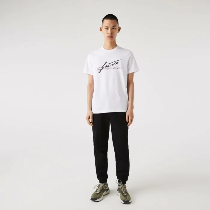 TShirts Men Lacoste Men039s Signature And Crocodile Print Crew Neck Cotton TShirt White 001