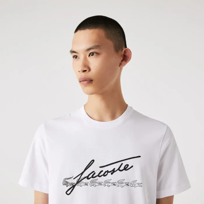 TShirts Men Lacoste Men039s Signature And Crocodile Print Crew Neck Cotton TShirt White 001