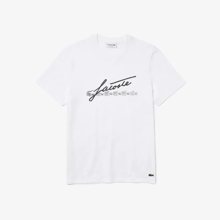 TShirts Men Lacoste Men039s Signature And Crocodile Print Crew Neck Cotton TShirt White 001