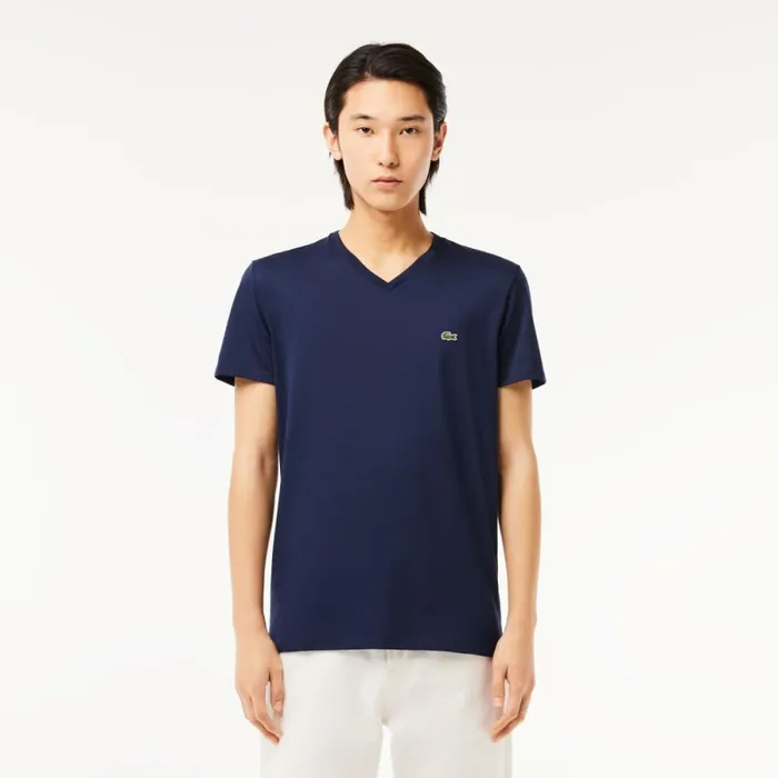 TShirts Men Lacoste Men039s VNeck Pima Cotton Jersey TShirt Navy Blue 166