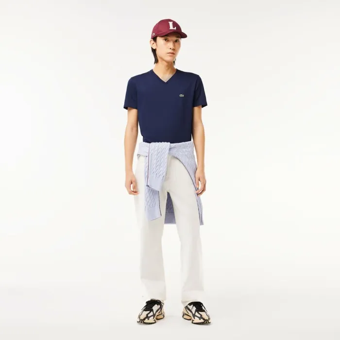 TShirts Men Lacoste Men039s VNeck Pima Cotton Jersey TShirt Navy Blue 166