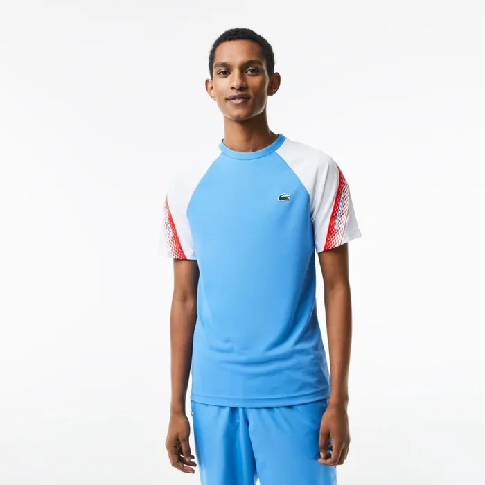 TShirts Men Lacoste Mens SPORT Regular Fit Logo Stripe TShirt Blue White Xgi