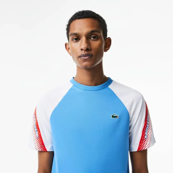 TShirts Men Lacoste Mens SPORT Regular Fit Logo Stripe TShirt Blue White Xgi