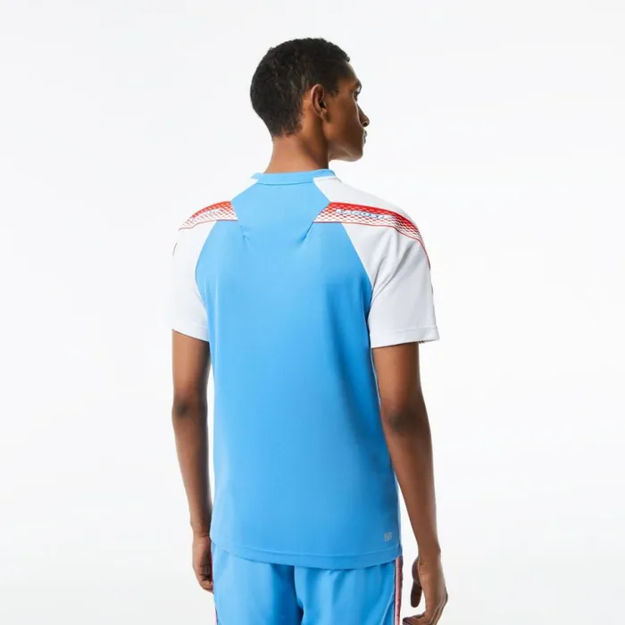 TShirts Men Lacoste Mens SPORT Regular Fit Logo Stripe TShirt Blue White Xgi
