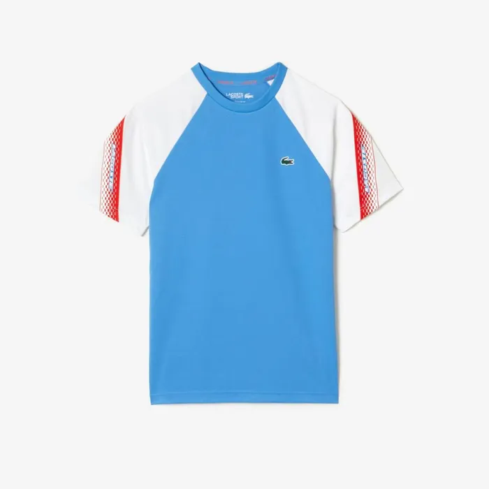 TShirts Men Lacoste Mens SPORT Regular Fit Logo Stripe TShirt Blue White Xgi