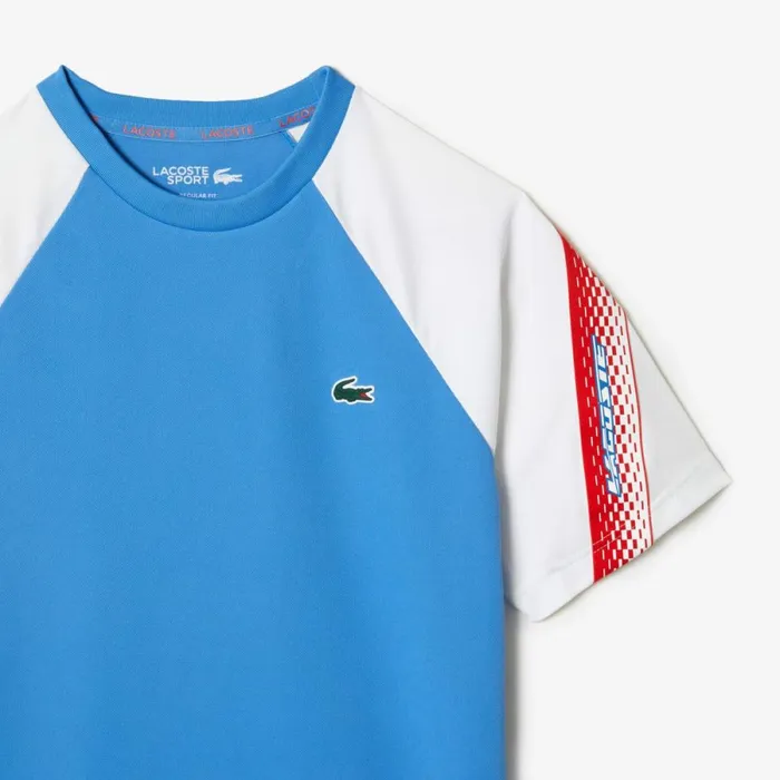 TShirts Men Lacoste Mens SPORT Regular Fit Logo Stripe TShirt Blue White Xgi