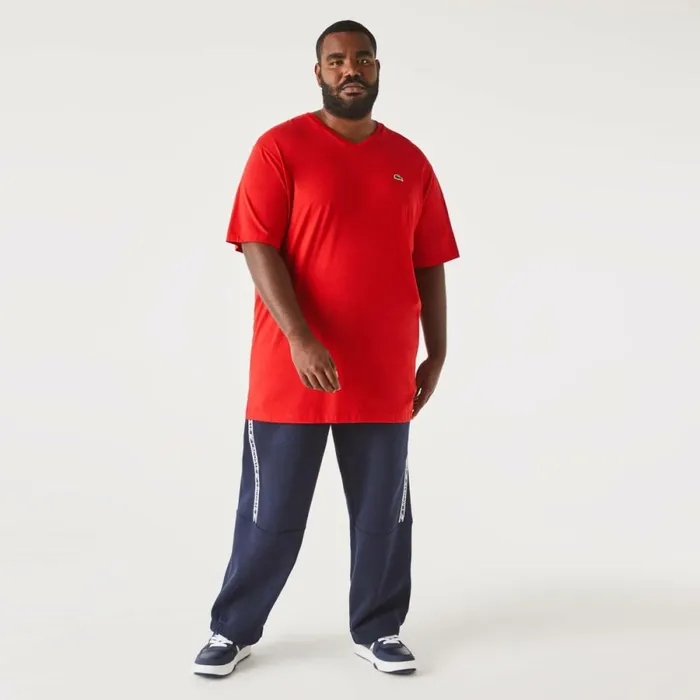 TShirts Men Lacoste Mens Tall Fit Ribbed VNeck Cotton TShirt Red 240