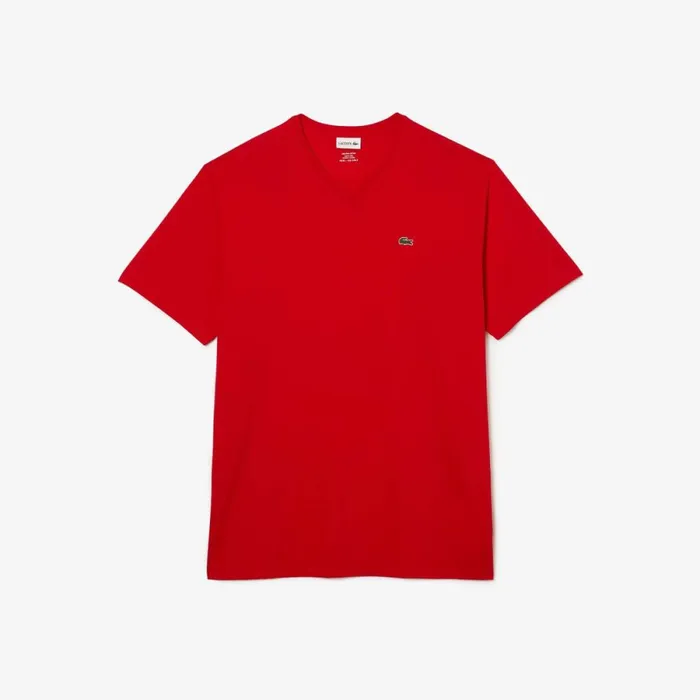 TShirts Men Lacoste Mens Tall Fit Ribbed VNeck Cotton TShirt Red 240