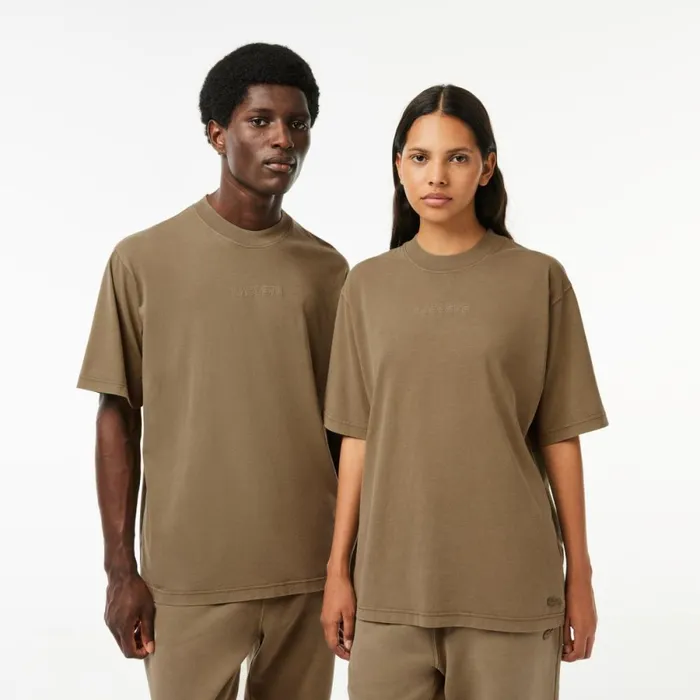 TShirts MenWomen Lacoste Unisex Loose Fit Cotton Jersey TShirt Khaki Green S3i