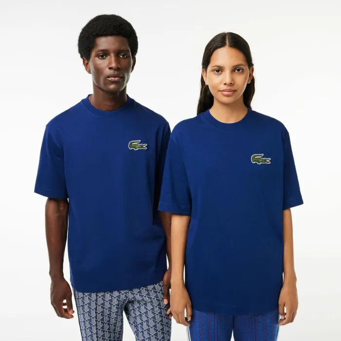 TShirts MenWomen Lacoste Unisex Loose Fit Large Croc Organic Heavy Cotton TShirt Methylene Blue F9f