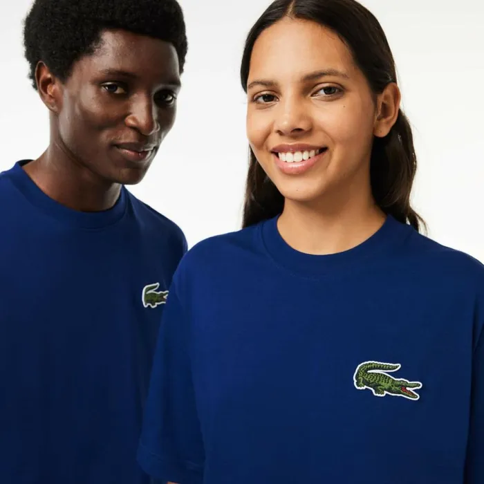 TShirts MenWomen Lacoste Unisex Loose Fit Large Croc Organic Heavy Cotton TShirt Methylene Blue F9f