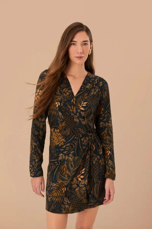 Teal Dotted Forest Lenzing Ecovero Viscose Wrap Mini Dress Women FARM Rio Mini Dresses