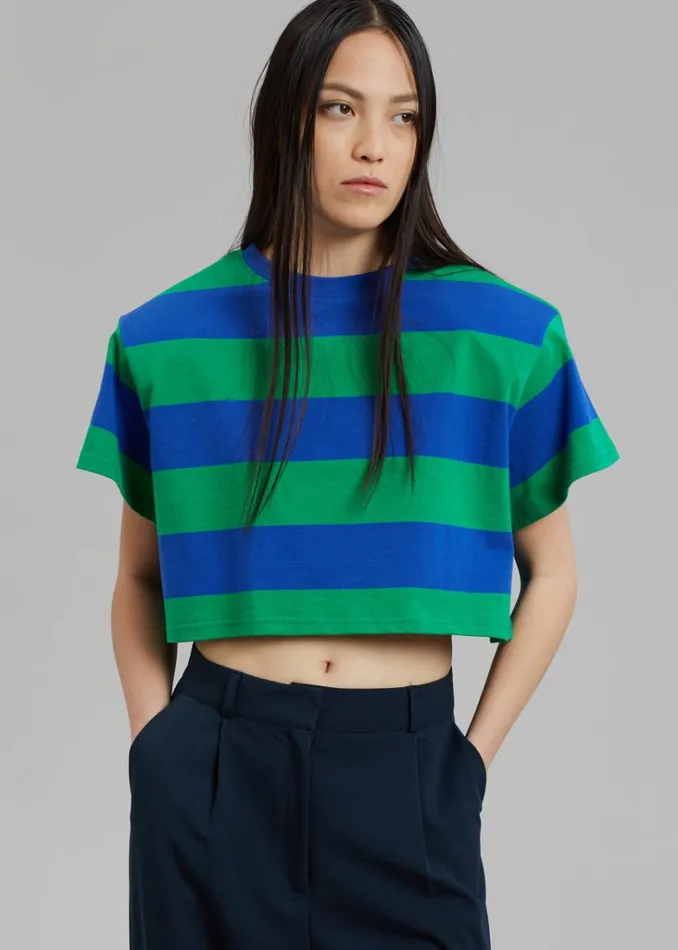 The Frankie Shop Caco Padded Cropped Tee 8211 NavyGreen Shop Tops