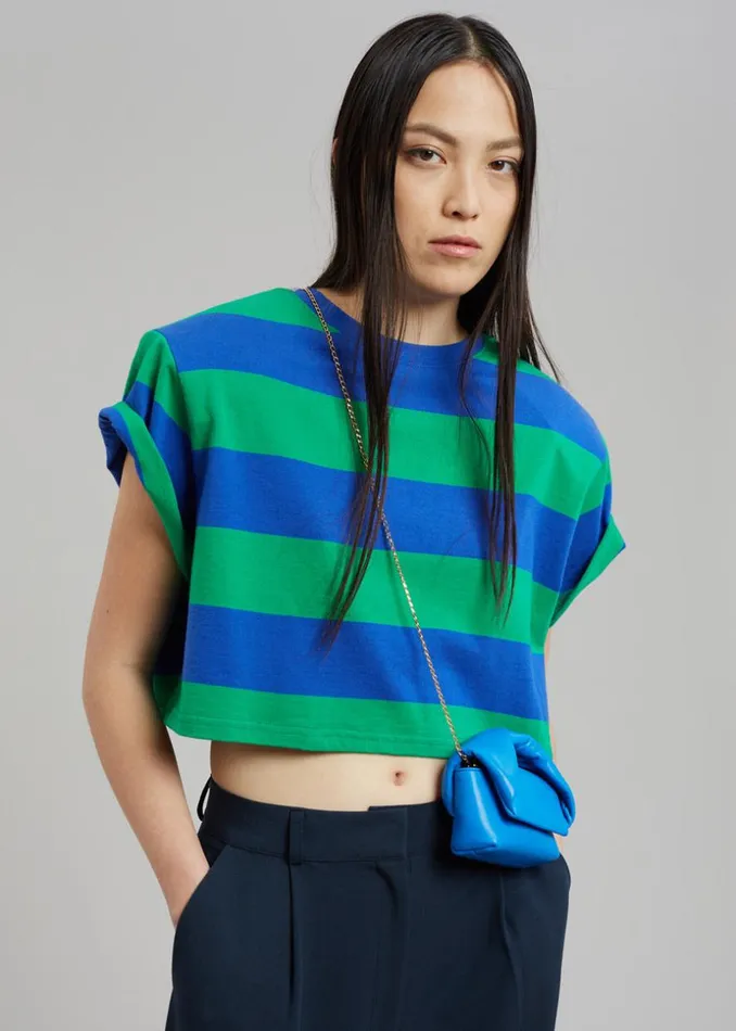 The Frankie Shop Caco Padded Cropped Tee 8211 NavyGreen Shop Tops