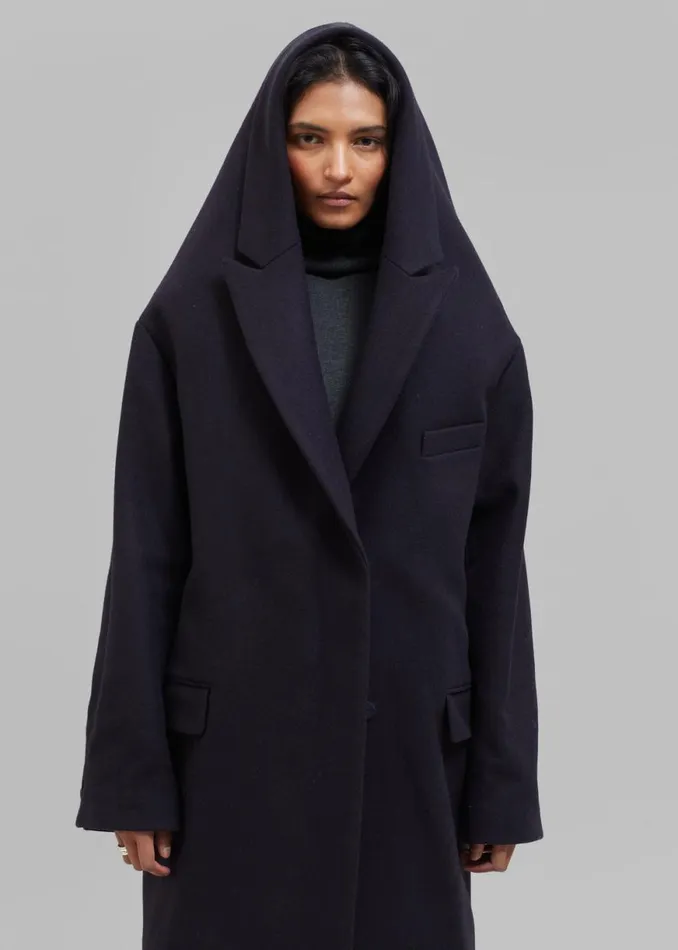 The Frankie Shop Coperni Hooded DoubleBreasted Coat 8211 Dark Navy Shop Outerwear