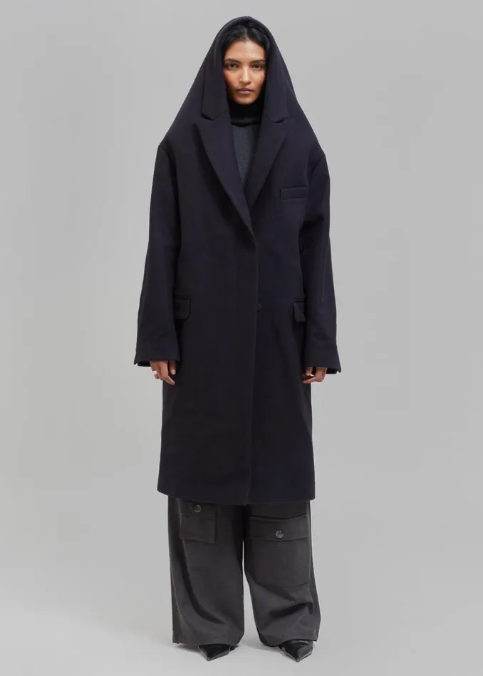 The Frankie Shop Coperni Hooded DoubleBreasted Coat 8211 Dark Navy Shop Outerwear