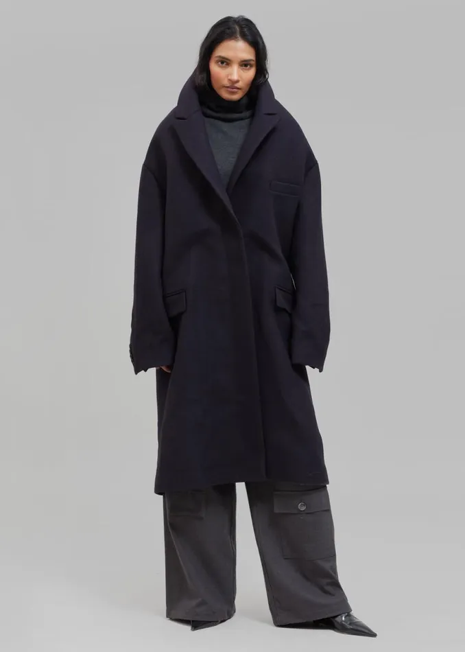 The Frankie Shop Coperni Hooded DoubleBreasted Coat 8211 Dark Navy Shop Outerwear