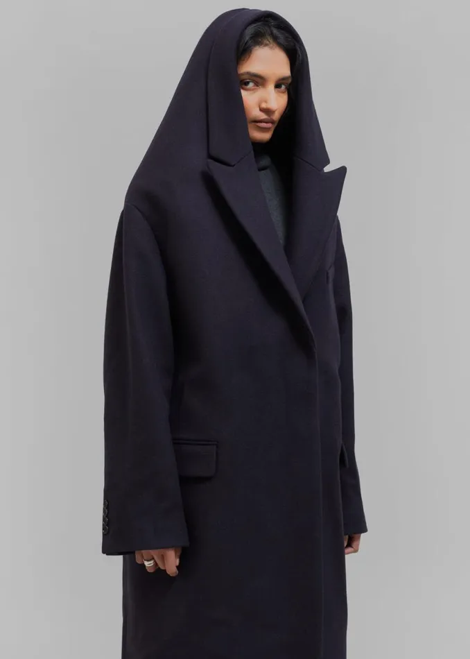 The Frankie Shop Coperni Hooded DoubleBreasted Coat 8211 Dark Navy Shop Outerwear