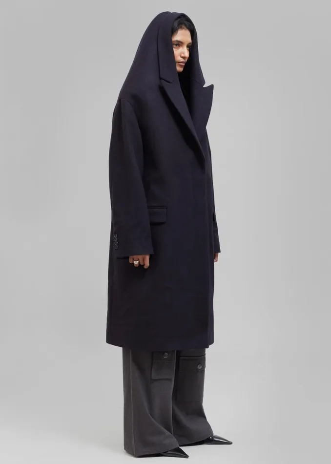 The Frankie Shop Coperni Hooded DoubleBreasted Coat 8211 Dark Navy Shop Outerwear