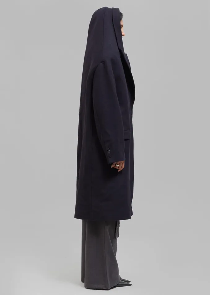 The Frankie Shop Coperni Hooded DoubleBreasted Coat 8211 Dark Navy Shop Outerwear