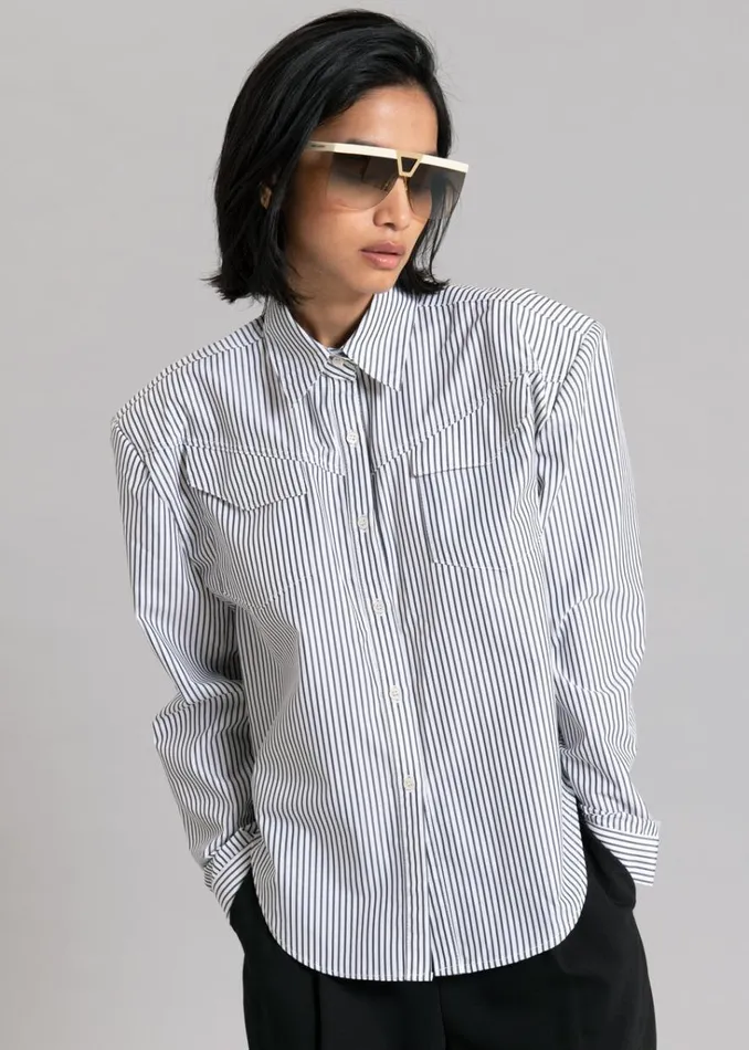 The Frankie Shop Jeanne Padded Shirt 8211 Black Stripe Shop Tops