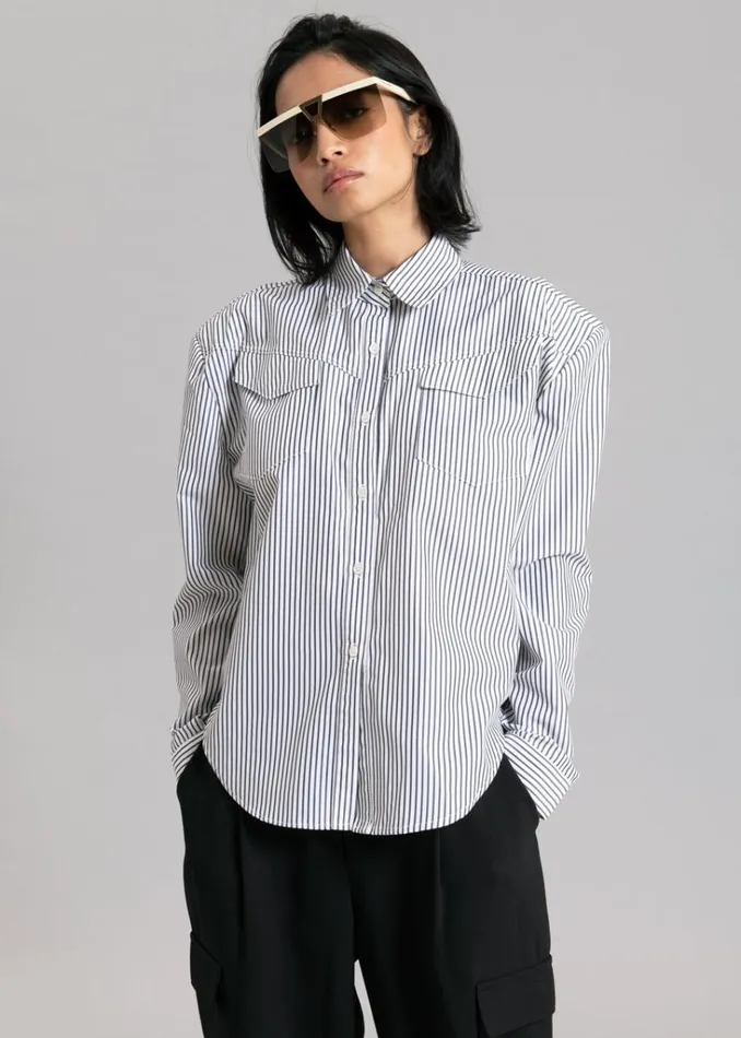 The Frankie Shop Jeanne Padded Shirt 8211 Black Stripe Shop Tops