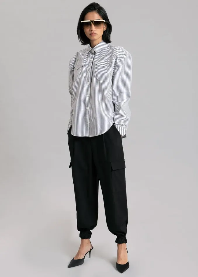 The Frankie Shop Jeanne Padded Shirt 8211 Black Stripe Shop Tops