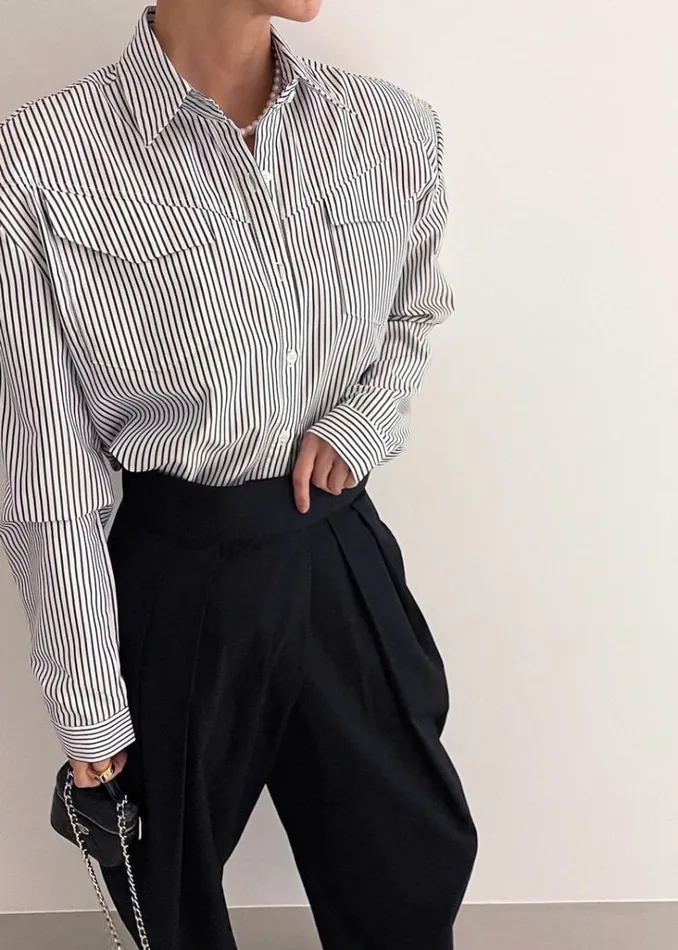 The Frankie Shop Jeanne Padded Shirt 8211 Black Stripe Shop Tops