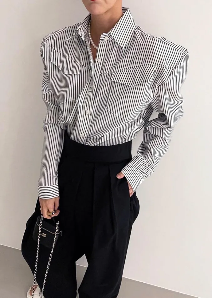 The Frankie Shop Jeanne Padded Shirt 8211 Black Stripe Shop Tops