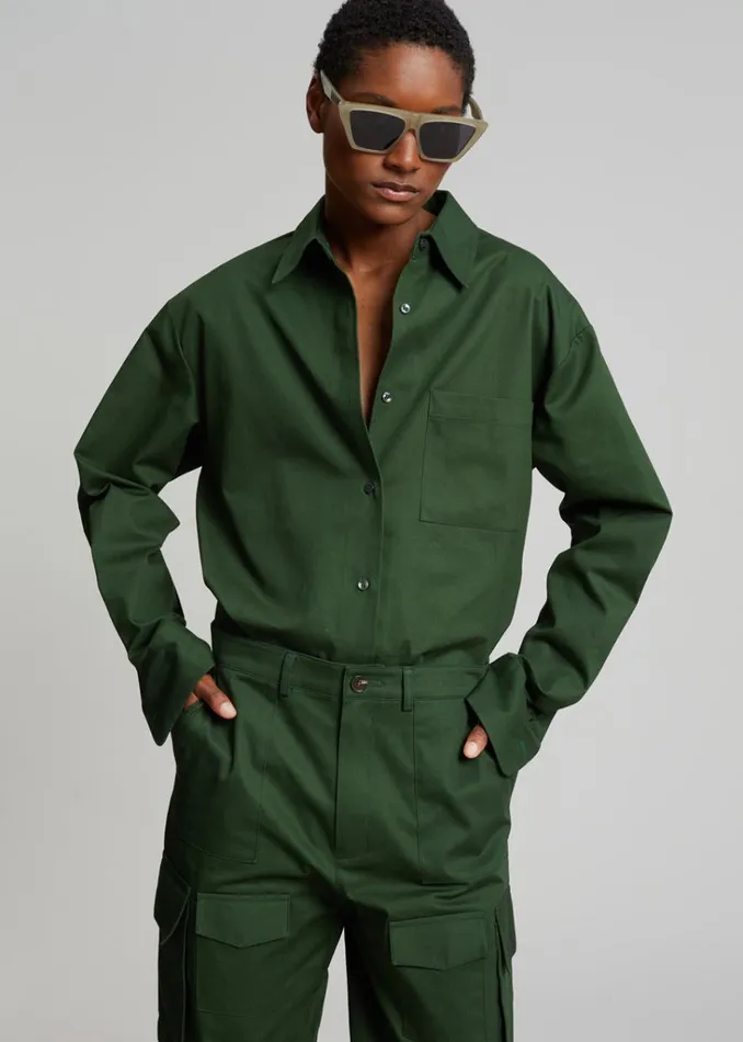 The Frankie Shop Lui Twill Overshirt 8211 Forest Green Shop Tops