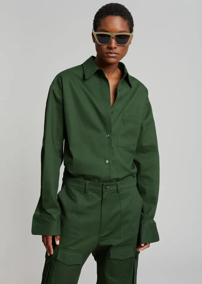 The Frankie Shop Lui Twill Overshirt 8211 Forest Green Shop Tops