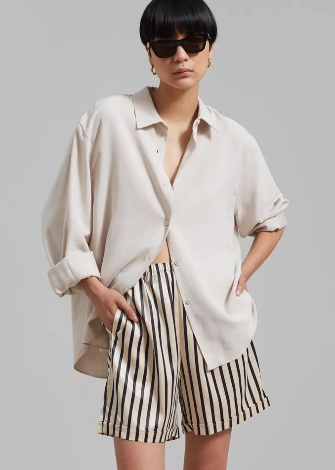 The Frankie Shop Solaqua Silk Shorts 8211 Ecru With Black Stripes Shop Bottoms