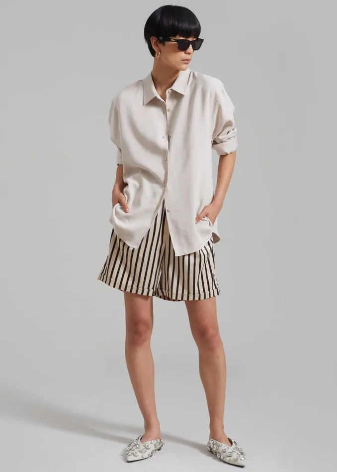 The Frankie Shop Solaqua Silk Shorts 8211 Ecru With Black Stripes Shop Bottoms