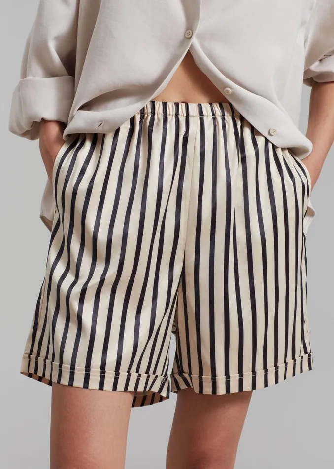 The Frankie Shop Solaqua Silk Shorts 8211 Ecru With Black Stripes Shop Bottoms