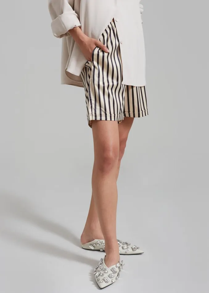 The Frankie Shop Solaqua Silk Shorts 8211 Ecru With Black Stripes Shop Bottoms