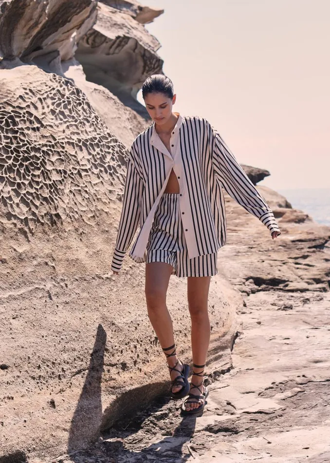The Frankie Shop Solaqua Silk Shorts 8211 Ecru With Black Stripes Shop Bottoms