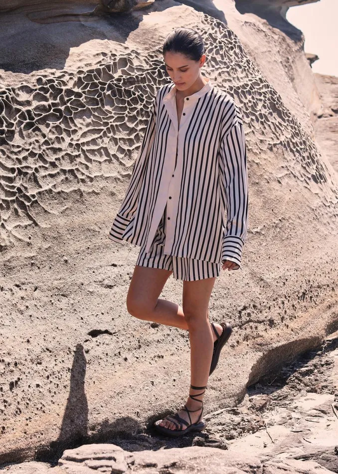 The Frankie Shop Solaqua Silk Shorts 8211 Ecru With Black Stripes Shop Bottoms