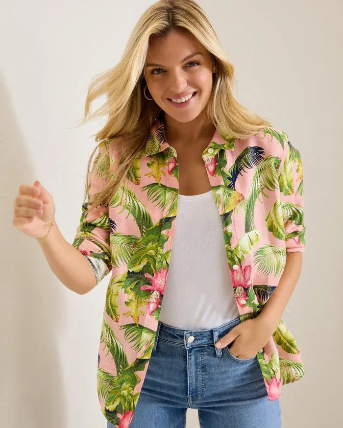 Tommy Bahama Tops and Shirts Coastalina Frond Royal Linen Shirt Coral Haze 8211 Women