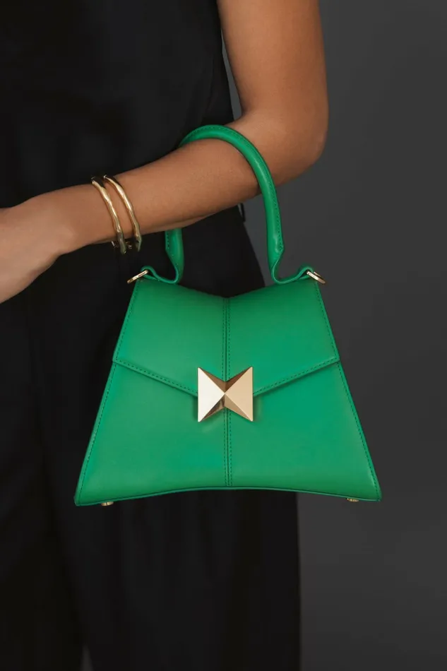 Top Handle Bags Angular Small Green Leather Handbag With Gold Hardware Spring Green Mac Duggal Women