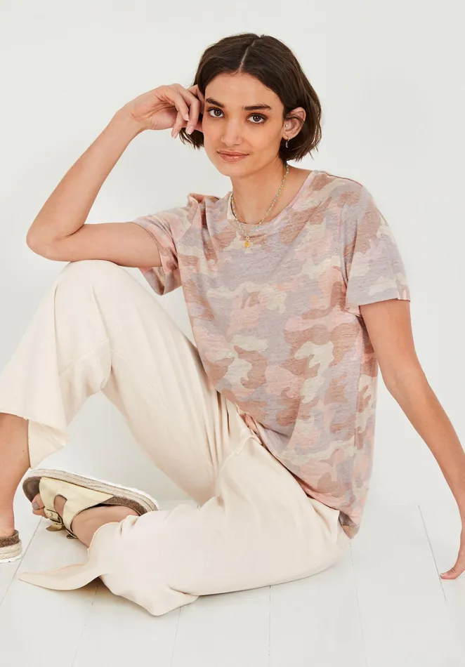 Tops and TShirts Women Hush Camo Linen TShirt Soft Pinks Camo