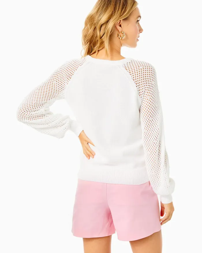 Tops Women Lilly Pulitzer Faira Sweater Resort White Pearl Blossom Embroidery