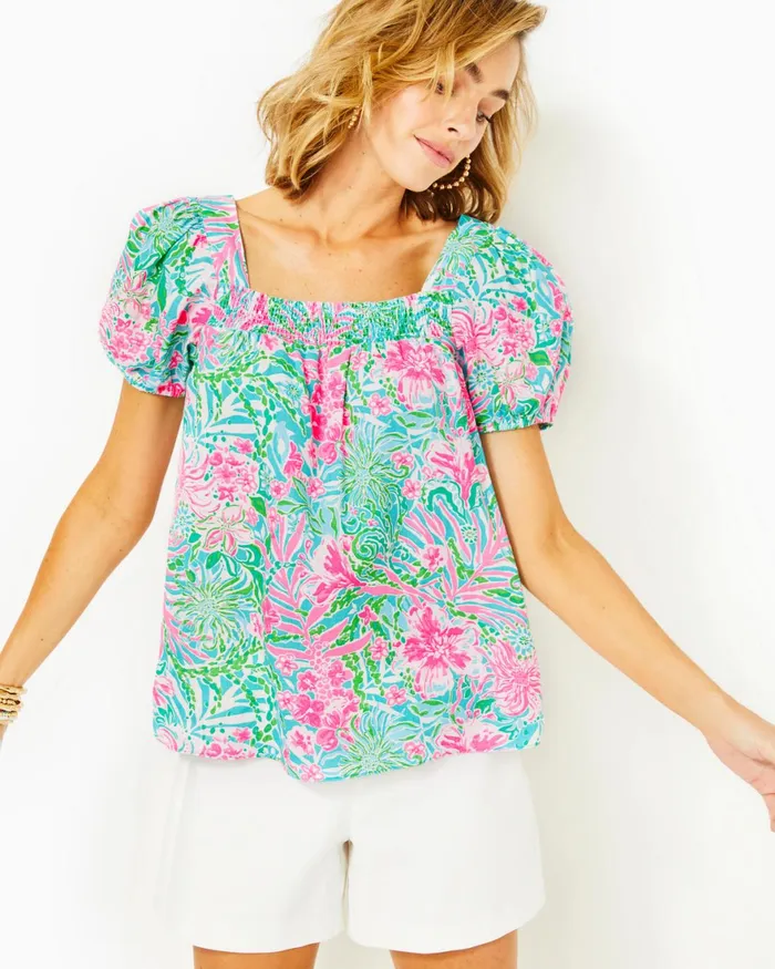 Tops Women Lilly Pulitzer Keating Short Sleeve Linen Top Amalfi Blue Leaf It Wild Tops Women Lilly Pulitzer Keating Short Sleeve Linen Top Amalfi Blue Leaf It Wild