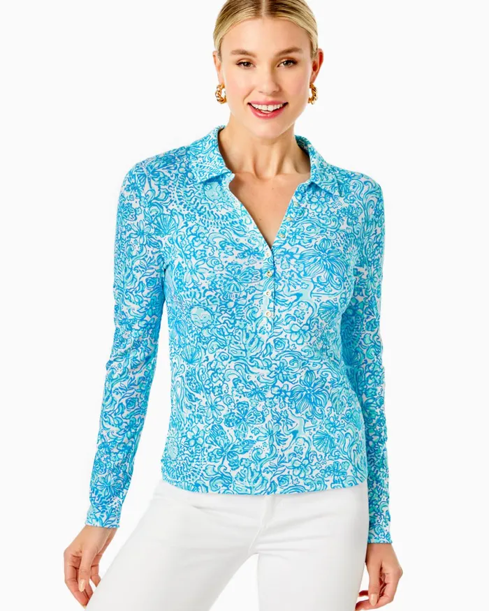 Tops Women Lilly Pulitzer Reema Polo Top Resort White Took Me By Sunrise Tops Women Lilly Pulitzer Reema Polo Top Resort White Took Me By Sunrise