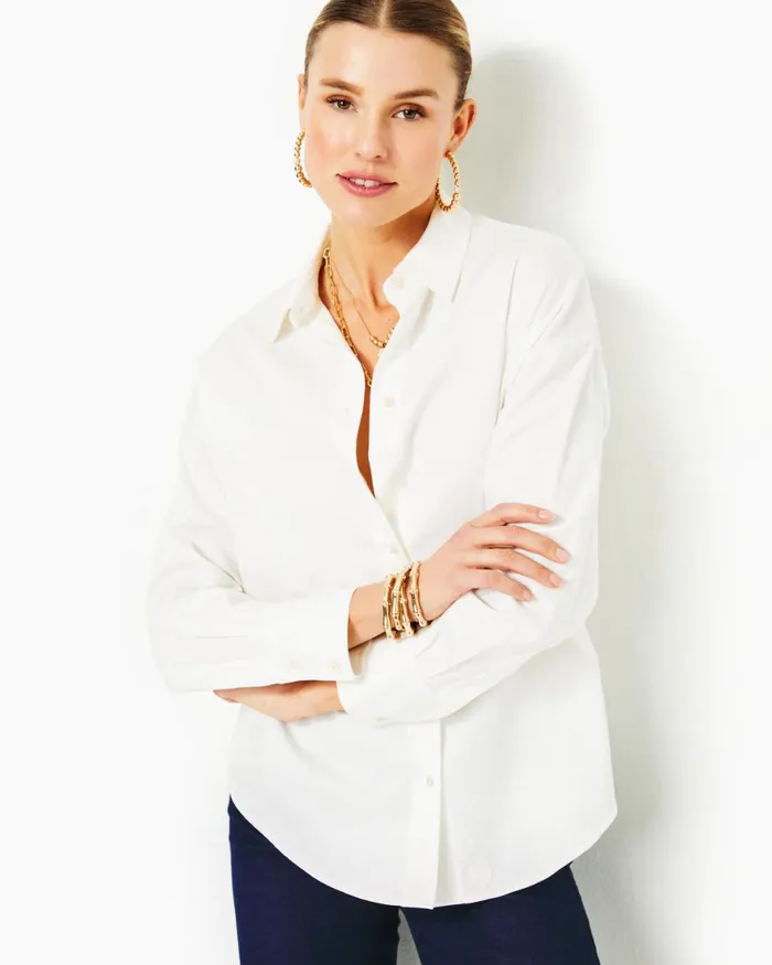 Tops Women Lilly Pulitzer Stevey Relaxed Button Down Stretch Shirt Resort White Tops Women Lilly Pulitzer Stevey Relaxed Button Down Stretch Shirt Resort White