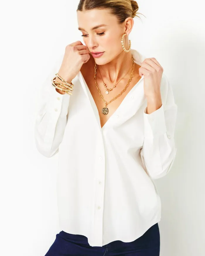 Tops Women Lilly Pulitzer Stevey Relaxed Button Down Stretch Shirt Resort White Tops Women Lilly Pulitzer Stevey Relaxed Button Down Stretch Shirt Resort White