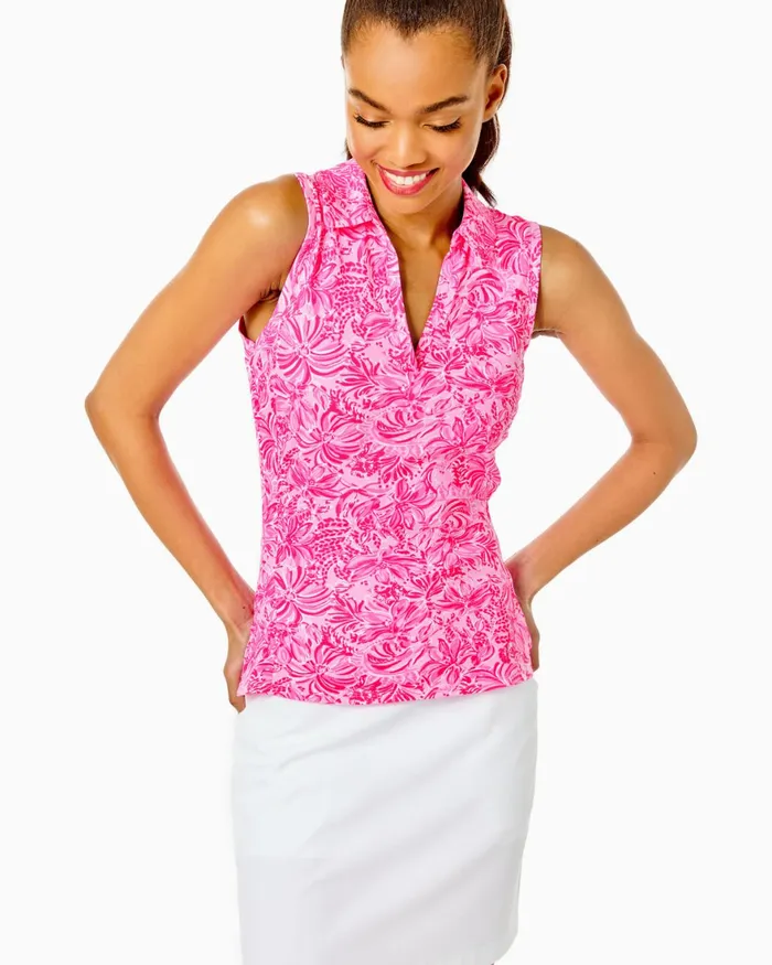 Tops Women Lilly Pulitzer UPF 50 Luxletic Imara Polo Top Pink Blossom Foxy Llama