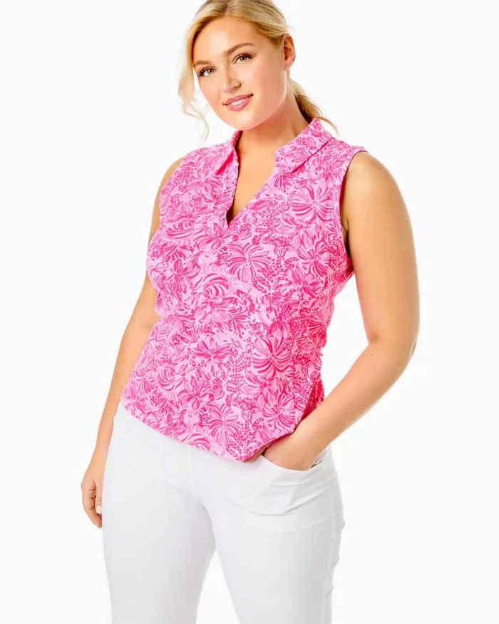Tops Women Lilly Pulitzer UPF 50 Luxletic Imara Polo Top Pink Blossom Foxy Llama