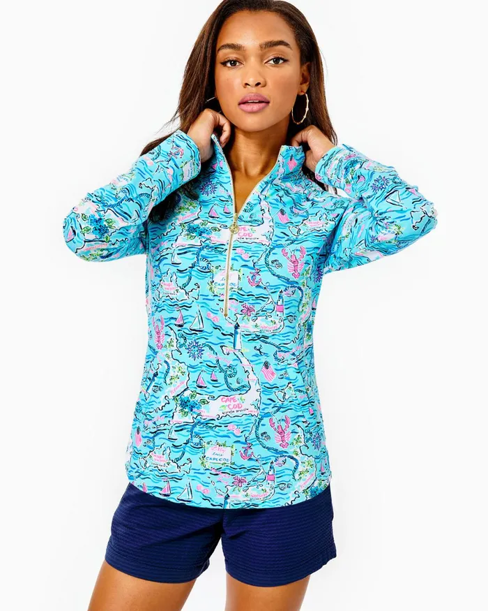 Tops Women Lilly Pulitzer UPF 50 Skipper Popover Bali Blue Lilly Loves Cape Cod Tops Women Lilly Pulitzer UPF 50 Skipper Popover Bali Blue Lilly Loves Cape Cod