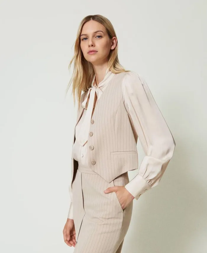 Twinset Blazers Lurex Pinstripe Fitted Waistcoat Lurex Pinstripe Beige 8211 Clothing