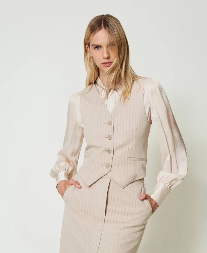 Twinset Blazers Lurex Pinstripe Fitted Waistcoat Lurex Pinstripe Beige 8211 Clothing
